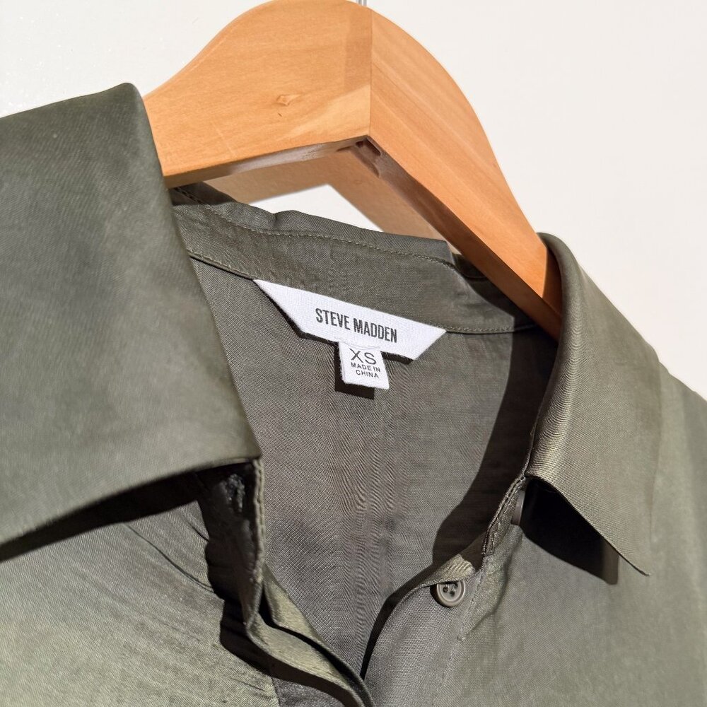 Steve Madden Olive Tie Waist Long Sleeve Satin Shirtdress XS - Picture 3 of 6